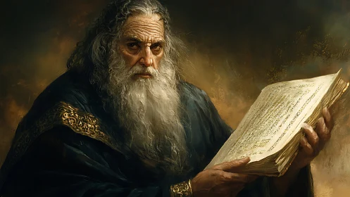 Wise elder studies a massive ancient book with quiet focus