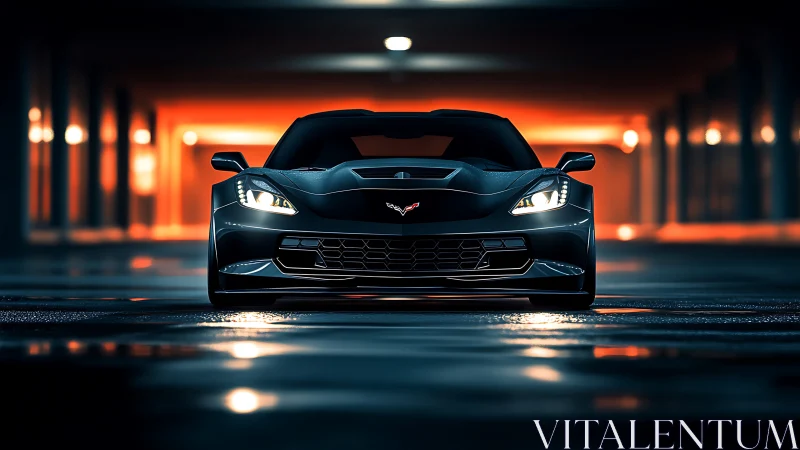 Front view of black sports car in illuminated parking garage.
