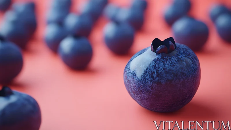 Blueberry in coral spotlight, a tiny hero of color contrast.