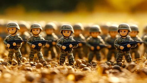 Toy soldiers in camouflage gear standing in formation outdoors.