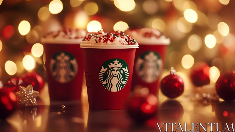 Festive red holiday coffee cups glow amid warm bokeh lights.