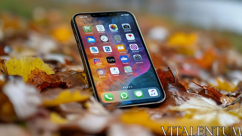 Smartphone with application interface displayed on autumn foliage