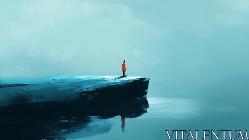 Solitary observer on glacial promontory above mirrored void.