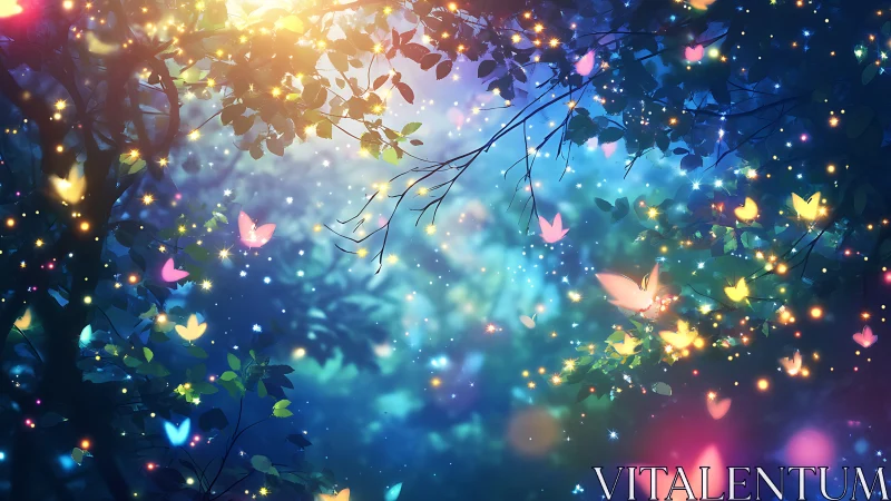 Enchanted twilight grove where glowing butterflies wander.