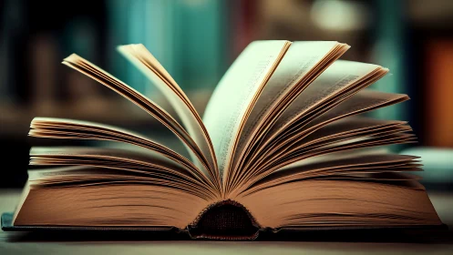 Hardcover book lies open with evenly fanned pages on desk