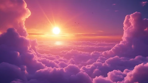 Vibrant sunset above dense pink and purple cloudscape.