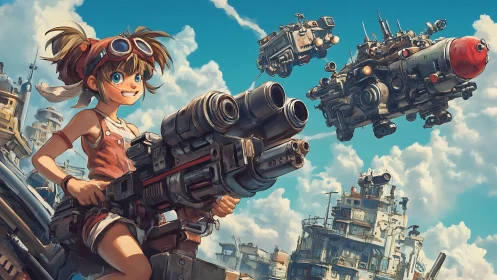 Goggles girl wields heavy cannon atop sunny skyfleet city.