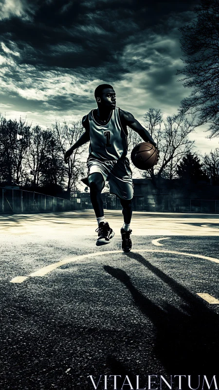 High-contrast outdoor basketball dribble under dramatic backlighting