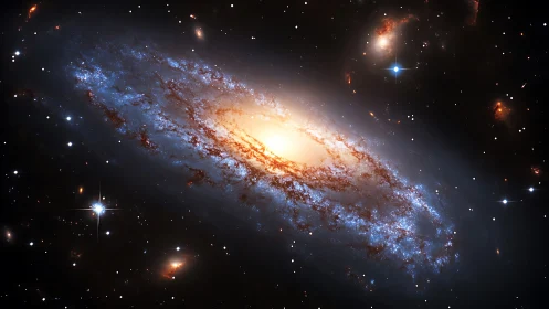 Edge-on spiral galaxy with luminous core and blue star-forming arms