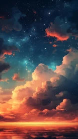 Celestial dusk clouds over reflective ocean horizon glow.