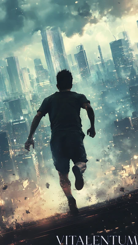 Solitary runner surges toward storm-lashed futurist skyline.