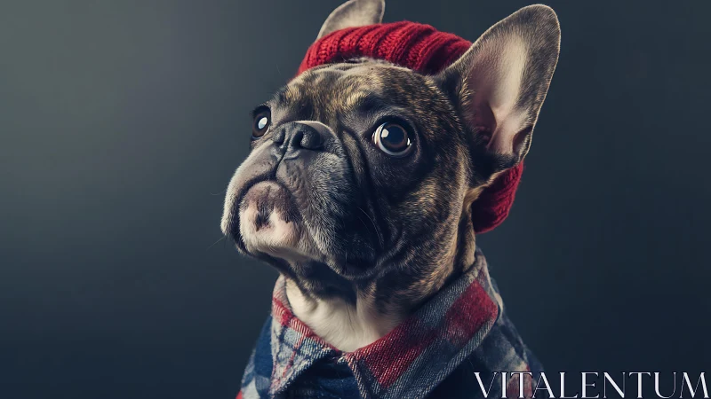 Portrait of French bulldog in studio wardrobe styling.