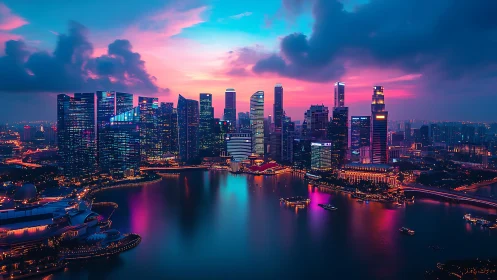 Neon-lit coastal city skyline at dusk with reflective harbor.