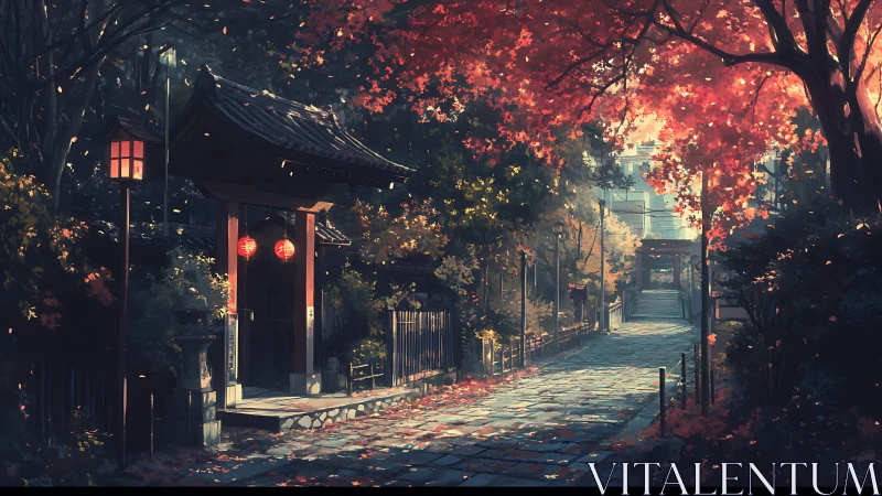 Autumn shrine lane under glowing lanterns at dusk.