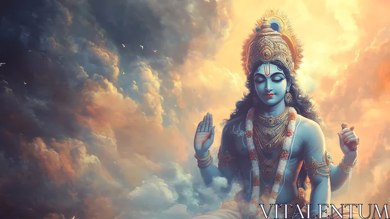 Celestial blue deity sits in radiant clouds of golden light