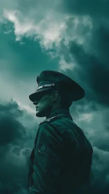 Military officer silhouette under stormy teal sky.