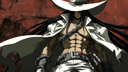 Hat-brimmed outlaw angel stalks a rust-red wasteland.