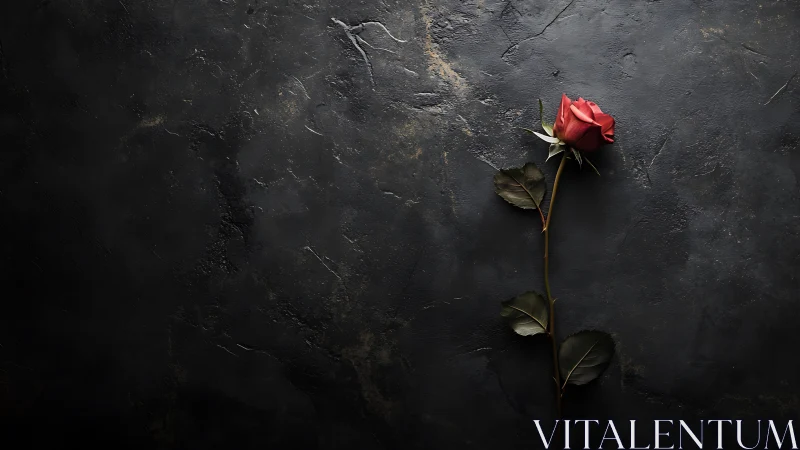 Single Red Rose on Dark Textured Surface.