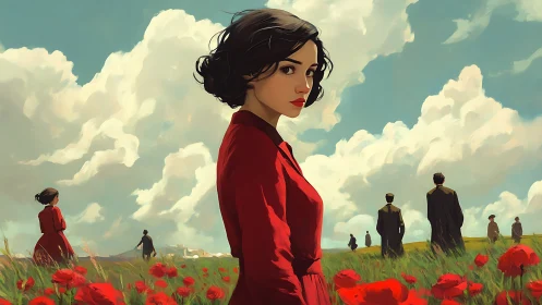 Woman in Red Dress in Surreal Poppy Field, Painterly Style.