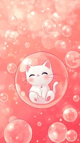 Cute White Cat in Bubble on Pink Background
