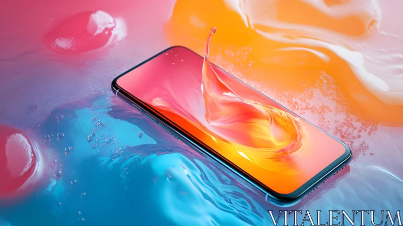 Modern smartphone with vibrant splash effect, digital art style.