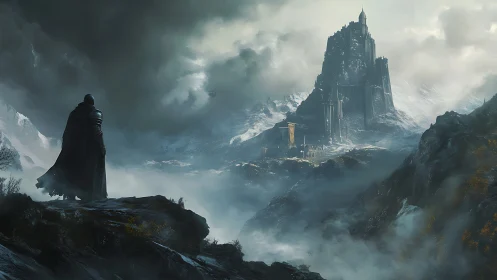 Storm-wrapped citadel beckons the lone shadowed wanderer.