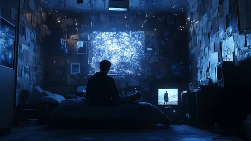 Solitary figure watches luminous digital portal at night.