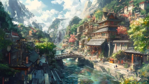 Mountain river village in panoramic digital painting composition.