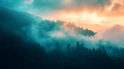 Layered mountain forest landscape with fog and directional sunlight