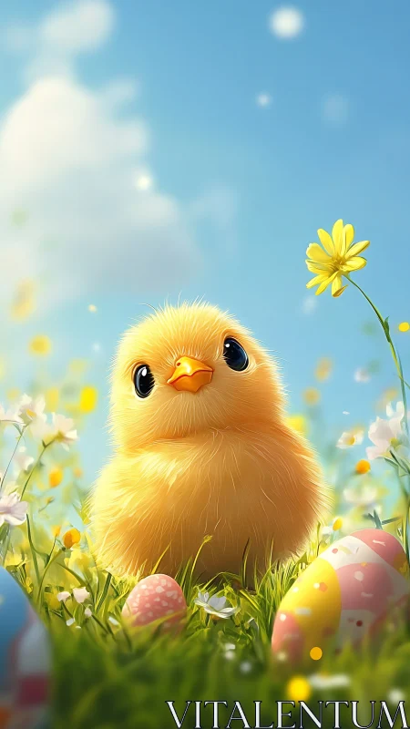 Fluffy spring chick basking among flowers and painted eggs.