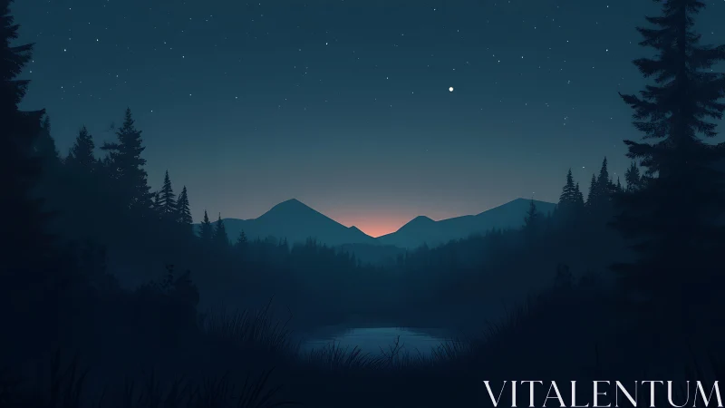 Mountain landscape at dusk with forested valley and full moon