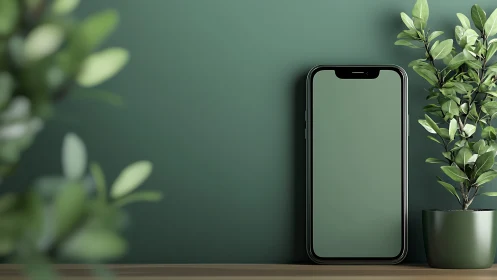 Minimalist Tech Sanctuary: Smartphone Nestled Among Living Green.
