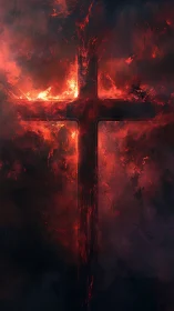 Incandescent cross silhouette emerging from dense infernal nebula