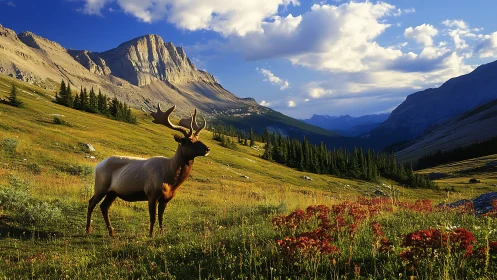Photorealistic alpine elk in golden valley panorama composition.