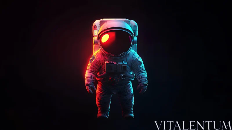Solitary astronaut figure under red and blue rim lighting.