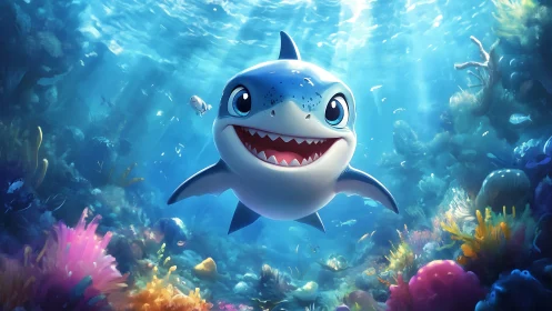 Smiling cartoon baby shark in luminous coral reef seascape