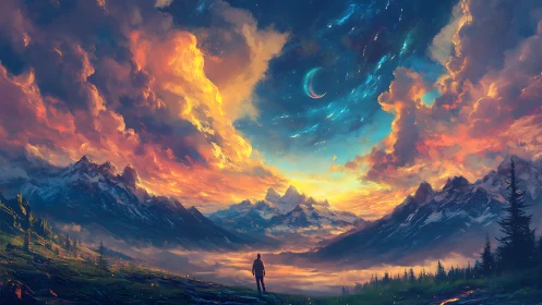 Lone dreamer beneath wildfire clouds and crescent skies.