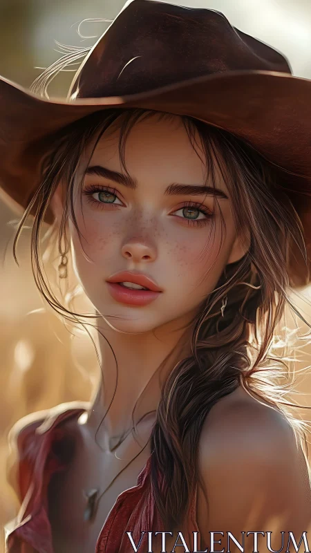 Sunlit cowgirl portrait with hyperreal facial rendering precision.