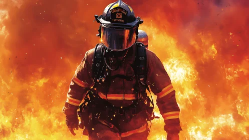 Firefighter in Inferno: Heroic Silhouette Against Blazing Flames.