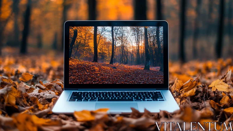 Laptop screen replicates autumn forest scene with matched depth of field