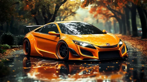 Autumn-forged Honda supercar blazing through golden rain.