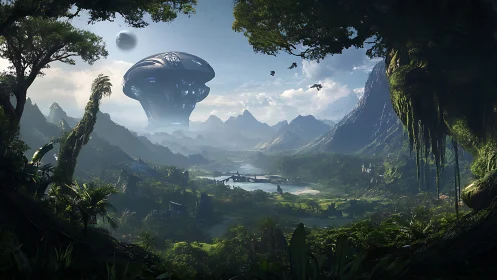 Massive alien structure dominates lush valley landscape