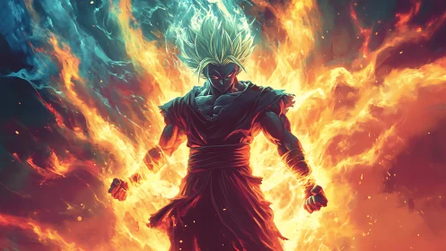 Fiery anime warrior glowing with unstoppable cosmic power.