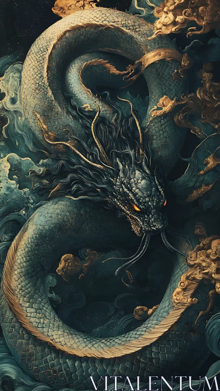 Stormlit dragon coils through clouds in a powerful arc