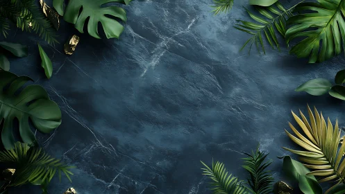 Tropical leaves frame dark slate background with gold accents