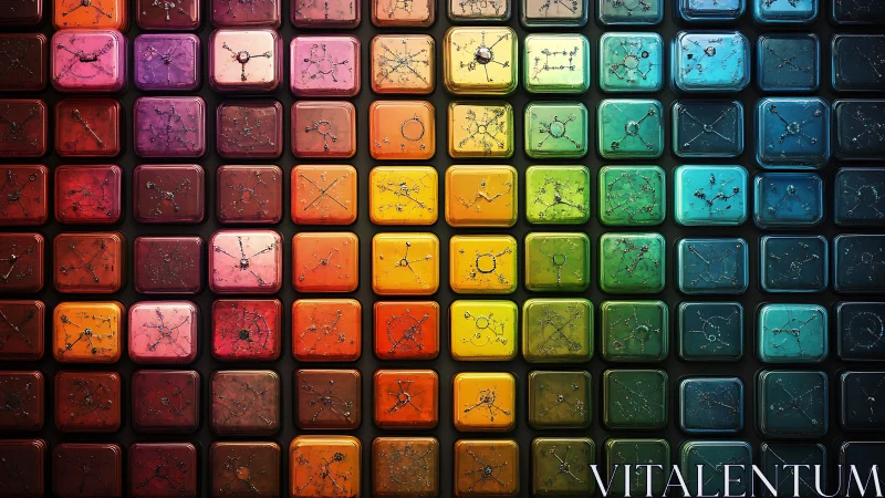 Grid of colored square tiles with abstract node patterns.