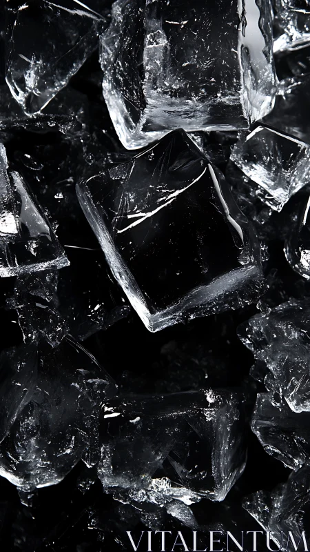 Sharp ice cubes stack tightly against a dark background