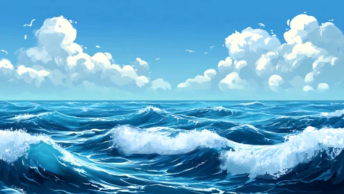 Sunlit waves roll under towering clouds on open sea