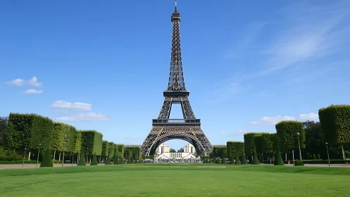 Eiffel Tower rises over symmetrical Parisian park lawns
