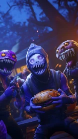 Hooded skeletal figure with burger and monster companions at night.